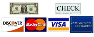 cash, check, Discover, MasterCard, Visa, American Express